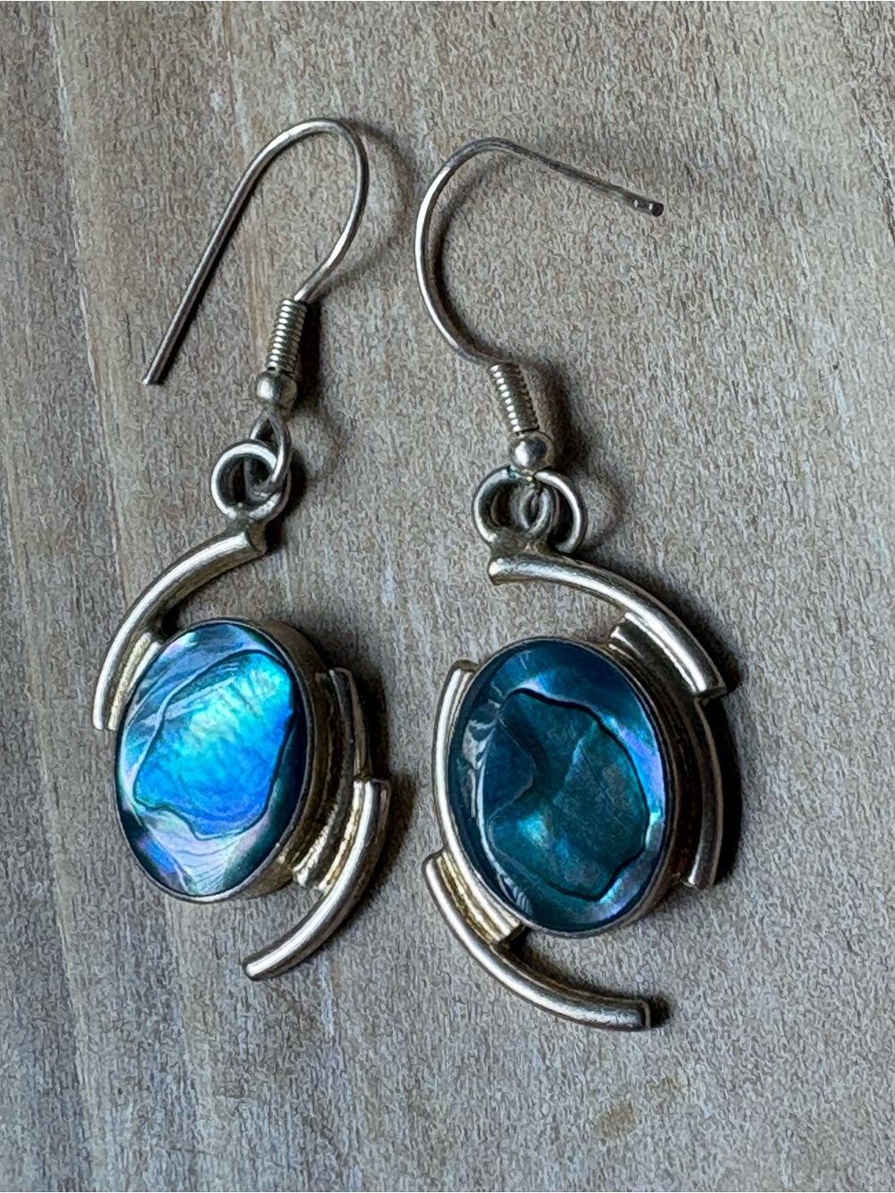Abalone Drop Earrings - Blue on Silver Metal Boho Chic Beachy Vintage Inspired
